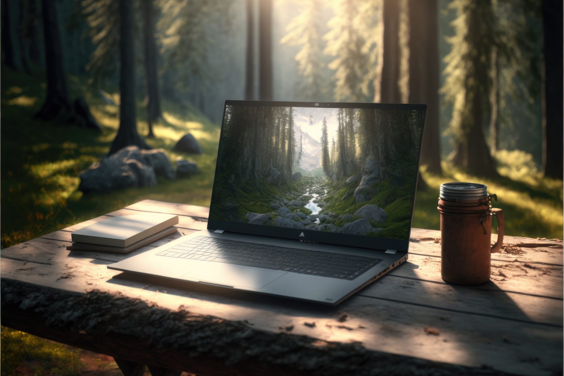 Kannettava tietokone pöydällä metsässä, aurinko pilkistää puiden välistä.